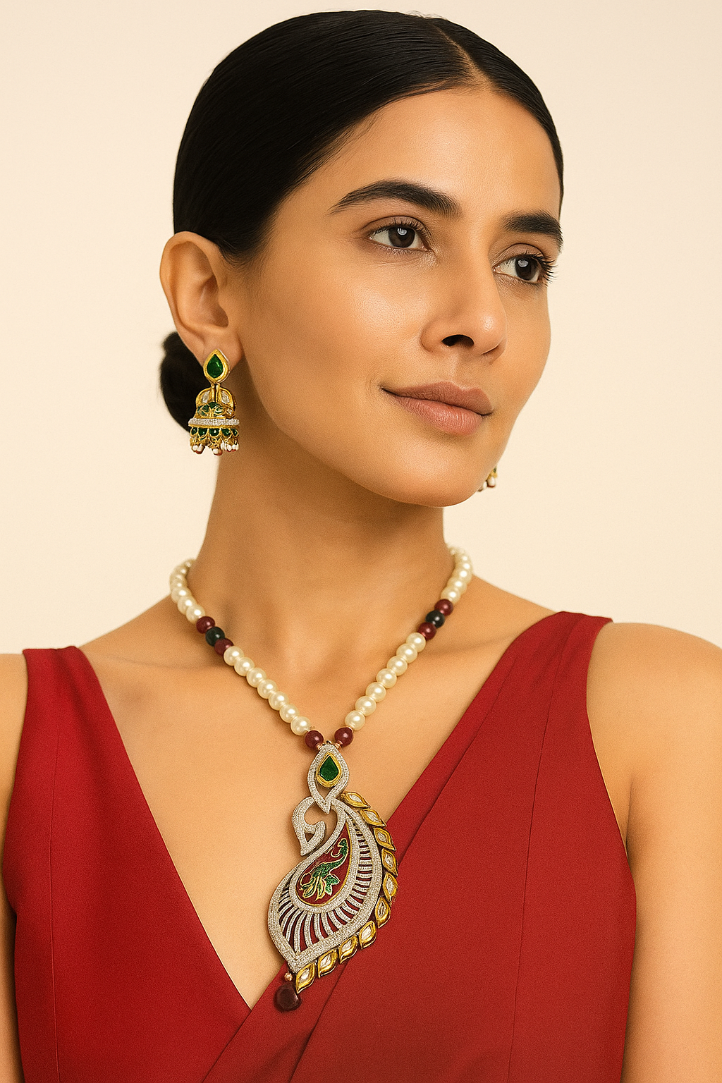 Peacock Design Enamel Pendant Necklace with Pearl Beads